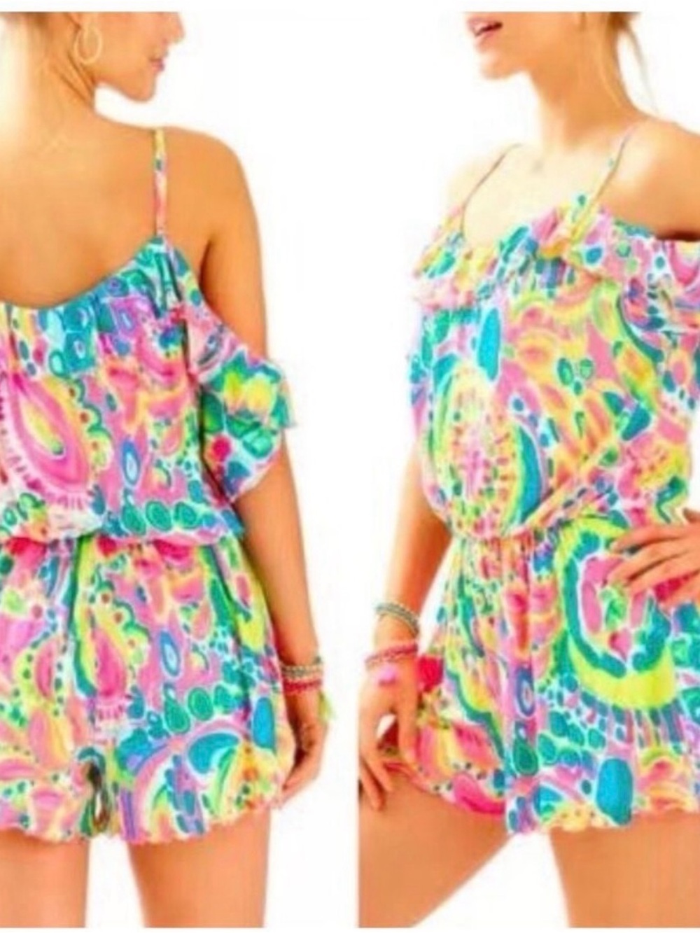Lilly Pulitzer Pink, Yellow & Green Print Ruffle Strap Romper - Picture 5 of 5